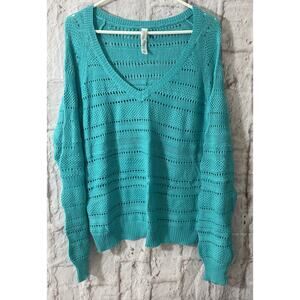 Aeropostale Womens Open Knit Pullover Sweater V-Neck Top XL Teal